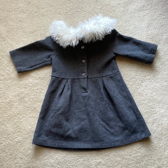 Janie and Jack Dress Festive Fox Dark Gray Charcoal Faux Fur Collar Bow Size 2T - Picture 3 of 9